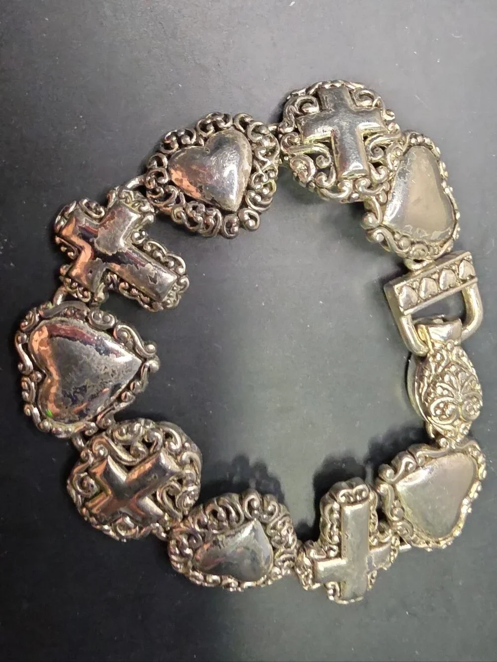 Silver-Tone Heart & Cross Link Bracelet